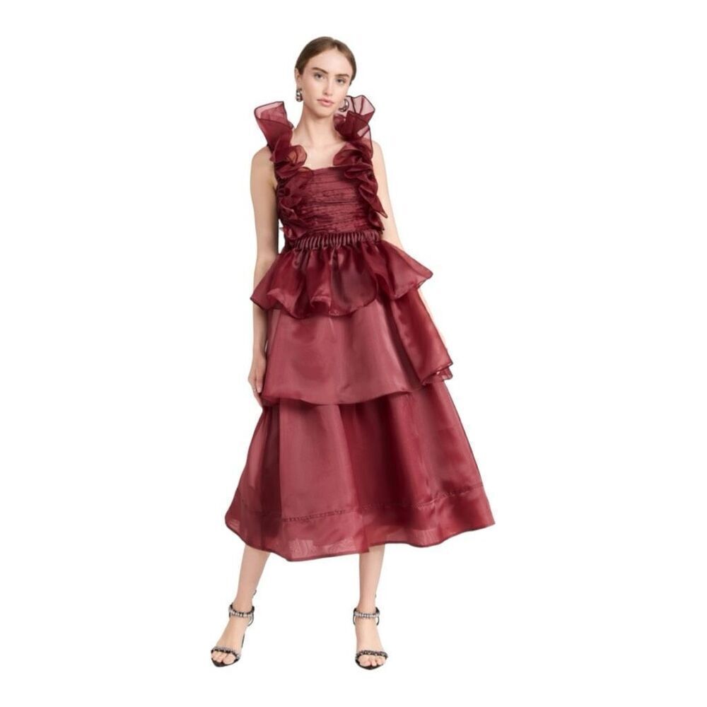 Aje Burgundy Layered Asra Pleated Frill Midi Mahogany Red AUS 8 US 2/4